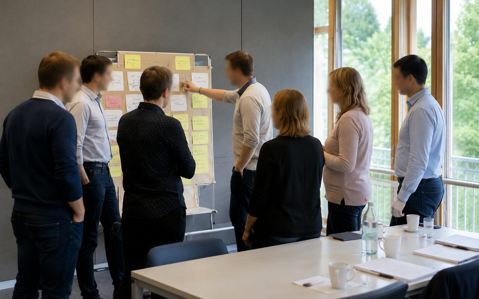 Team vor einem Whiteboard mit Karten – gemeinsame Reflexion und Aushandlung