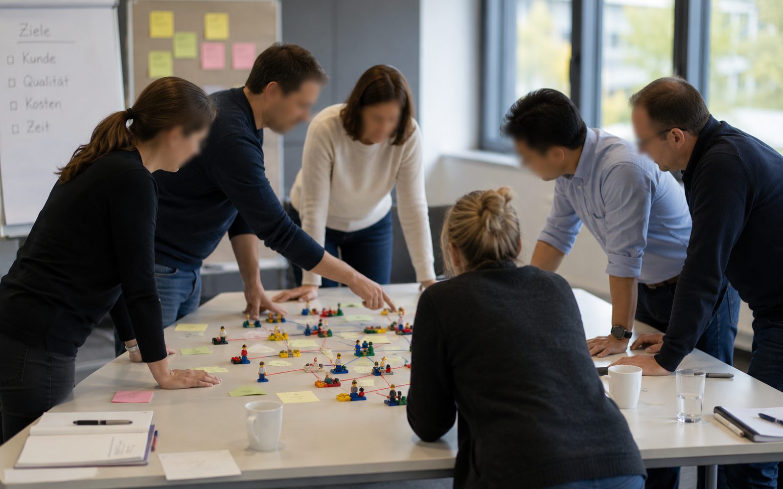 Team an einem Tisch mit vernetzten Modellfiguren – Entscheiden unter Unsicherheit